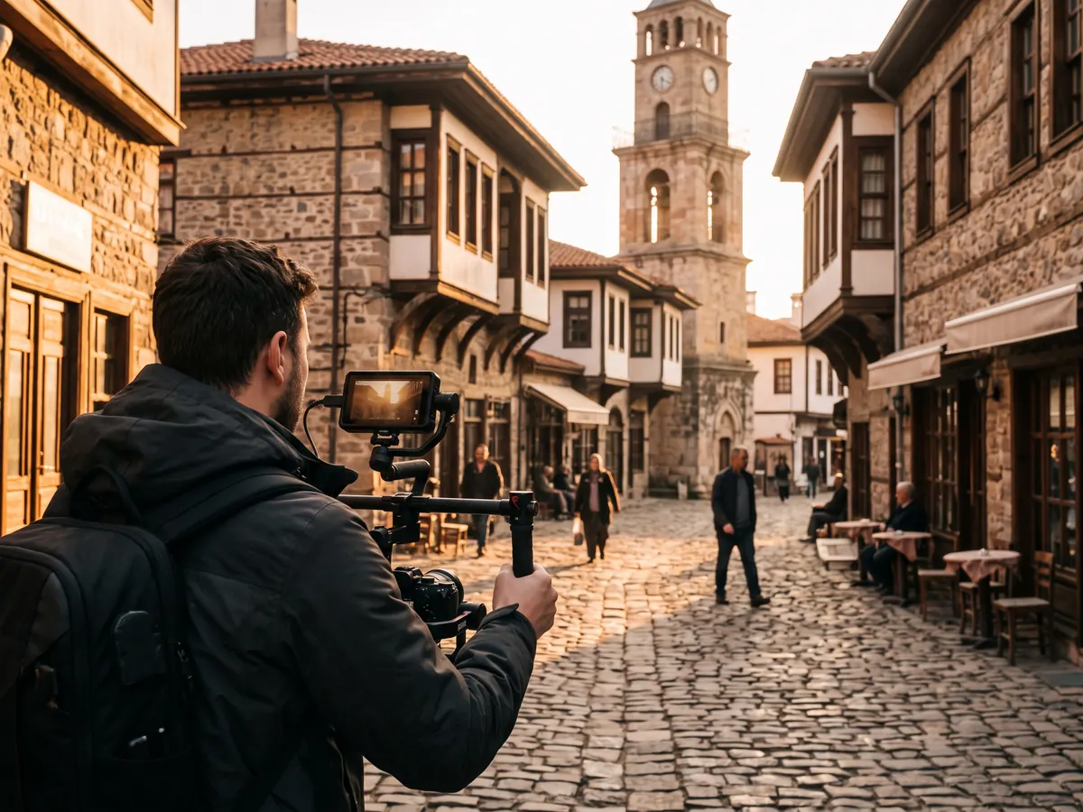 Gün batımında taş evler ve saat kulesiyle çevrili Arnavut kaldırımlı sokağı gimbal kamerayla çeken kameraman