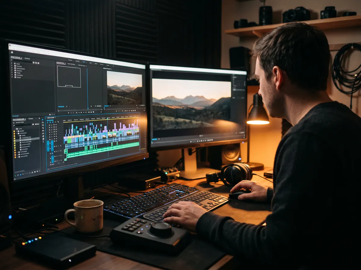 Loş kurgu odasında iki monitörde renkli zaman çizelgesiyle video kurgusu yapan editör